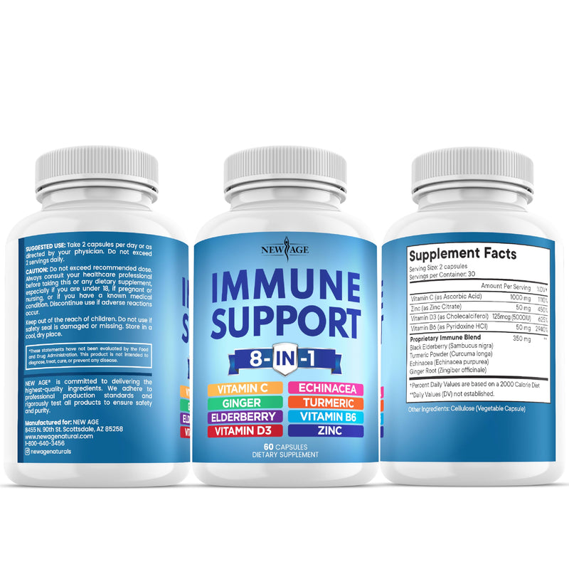 8 in 1 Immune Support Booster Supplement with Echinacea, Vitamin C and Zinc 50mg, Vitamin D 5000 IU, Turmeric Curcumin & Ginger, B6, Elderberry (8 in 1 Capsules (Pack of 3)) 180 Capsules (Pack of 3)