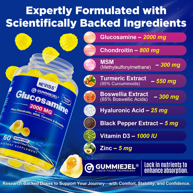 NEVISS Glucosamine Chondroitin Gummies with MSM & Turmeric, Sugar Free | Extra Strength - Flexibility Support with Boswellia, Hyaluronic Acid, Vitamin D3 & Zinc, Pineapple Flavor, 60Cts 60 Count (Pack of 1)