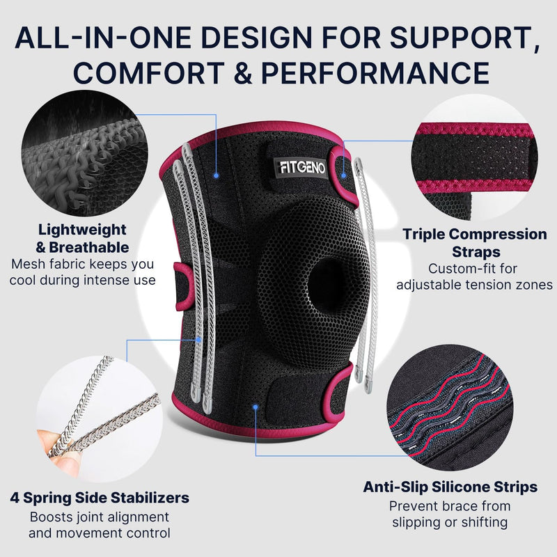 Fit Geno KneeXpert Knee Brace with Side Stabilizers & Patella Gel Pad - Adjustable Compression Support for Pain Relief, Meniscus, ACL, Arthritis, Running - M/L Garnet Medium / Large