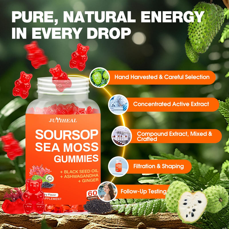 (2 Pack) Soursop Graviola with Sea Moss Gummies, 10-in-1 Soursop Gummies with Vitamin C, Zinc for Immunity and Antioxidant, Gluten Free, Vegan 120 Gummies Strawberry Gummies 2pack