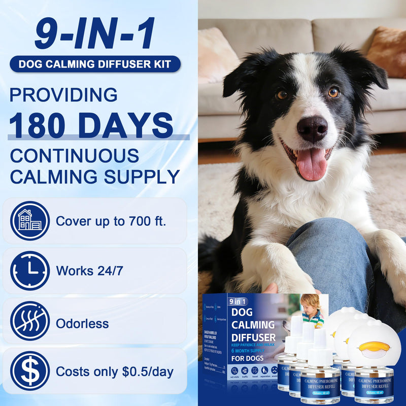 9 In 1 Dog Calming Pheromone Diffuser (3 Plug in + 6 Refills), Relief Anxiety, Storm Stress & Indoor Behavior Support, 180 Day Long Lasting Refill, Natural Odorless Safe Formula