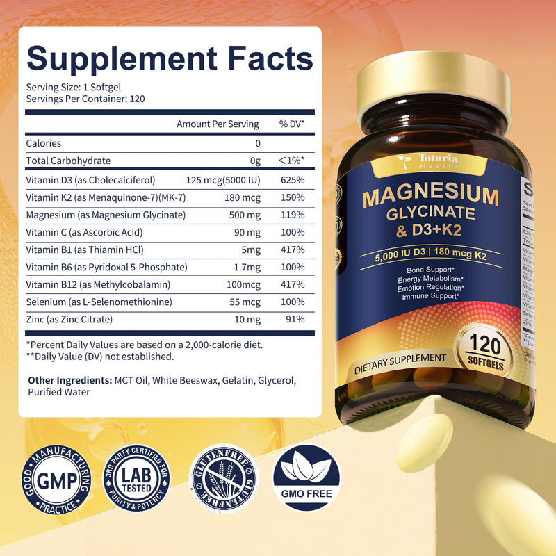 9-in-1 Magnesium Glycinate 500mg + Vitamin D3 5000 IU & K2 Complex - High Absorption - Healthy Stress, Sleep, Muscle Function, Bone Health & Energy Supports | Non-GMO, Gluten-Free 120 Softgels 120 Count (Pack of 1)