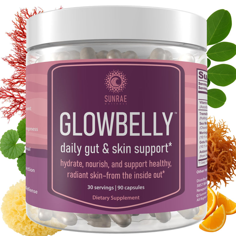 Sunrae Glowbelly Beauty Supplement with Sea Moss, Astaxanthin, Moringa, & Vitamin C for Glowing Skin, Hydration, Healthy Aging & Gut Health – 90 Capsules