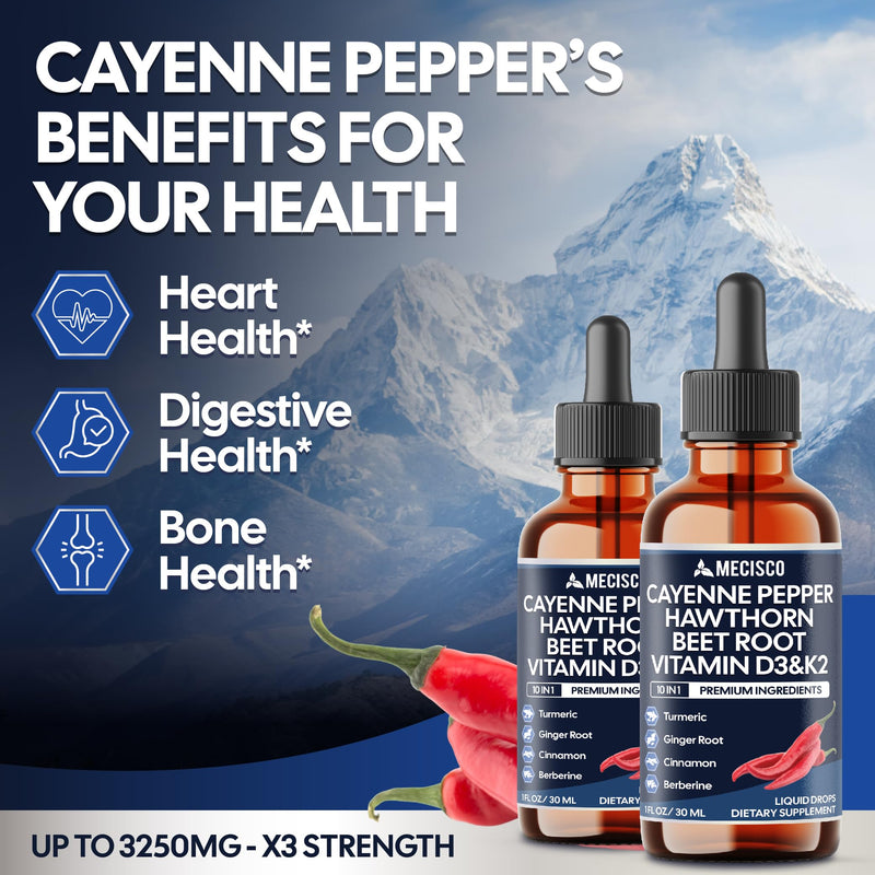 2 Packs of 30ml - Cayenne Pepper Liquid Drops with Vitamin D3, Vitamin K2, Hawthorn Berry, Beet Root, Ginger, Ceylon Cinnamon, Turmeric, Berberine - Digestion Support - 120 Day Supply