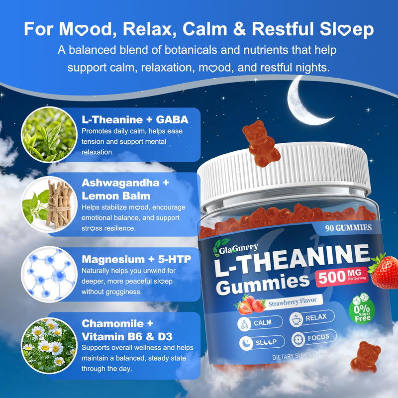90 Count | L Theanine Gummies, L Theanine Supplement for Adults & Kids | w/ Ashwagandha, Magnesium, GABA & 5-HTP, Sugar Free Liposomal Formula for Calm Relax zzZ M♡♡d & Focus, Vegan 90 Count (Pack of 1)