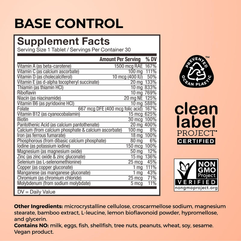 HUM Base Control Women's Multivitamin 22 Vitamins & Minerals, 30 Count | Iron, Biotin, Zinc, B Complex & Vitamin C, Women, Gluten Free, Non-GMO, 30 Capsules