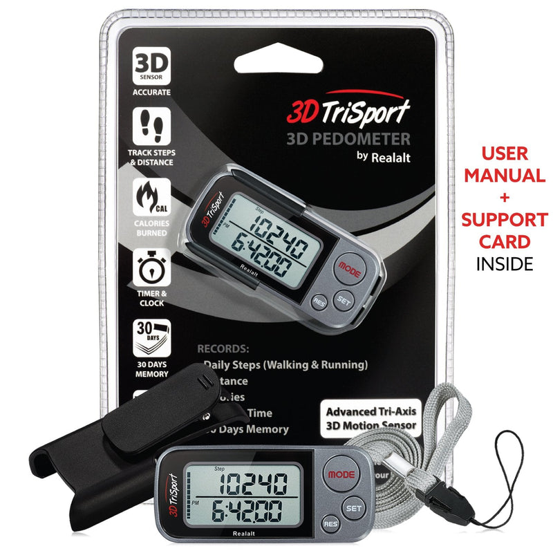 Realalt 3DTriSport 3D Walking Pedometer with Clip & Strap, Accurate Step Counter with 30-Day Memory, Distance in Miles/KM with Large Display Perfect for Seniors & Beginners, eBook Included One Size Grey - BeesActive Australia