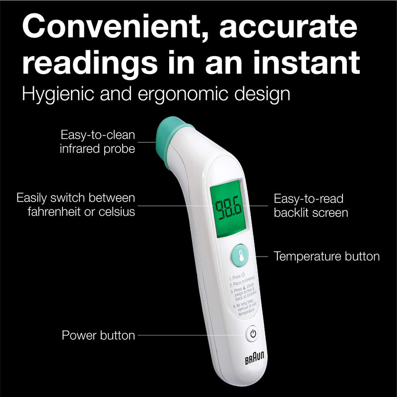 Braun TempleSwipe Digital Thermometer with Color Coded Temperature Guidance - Adults, Babies, Toddlers & Kids White 1 Count (Pack of 1)