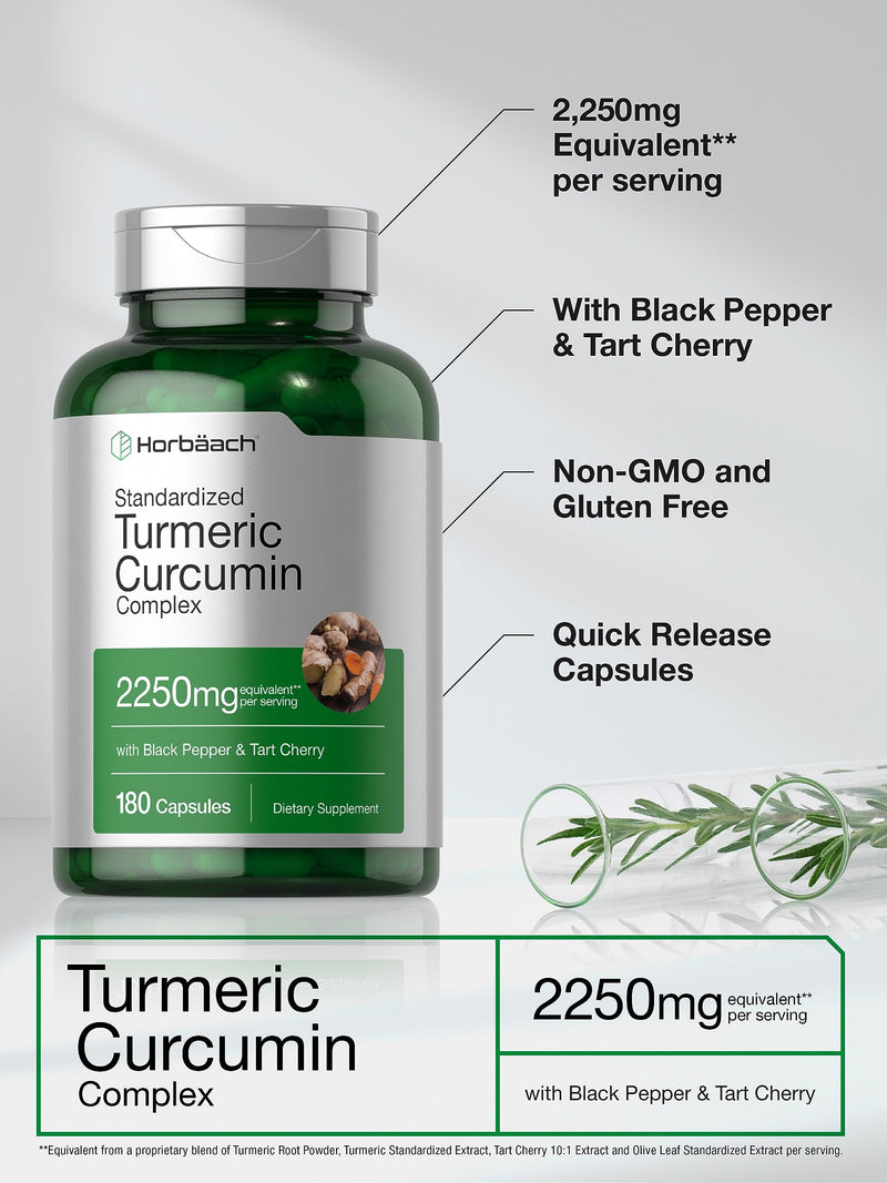 Horbäach Turmeric Supplement with Black Pepper 2250mg | 180 Capsules | with Bioperine & Tart Cherry | Non-GMO, Gluten Free Supplement - BeesActive Australia