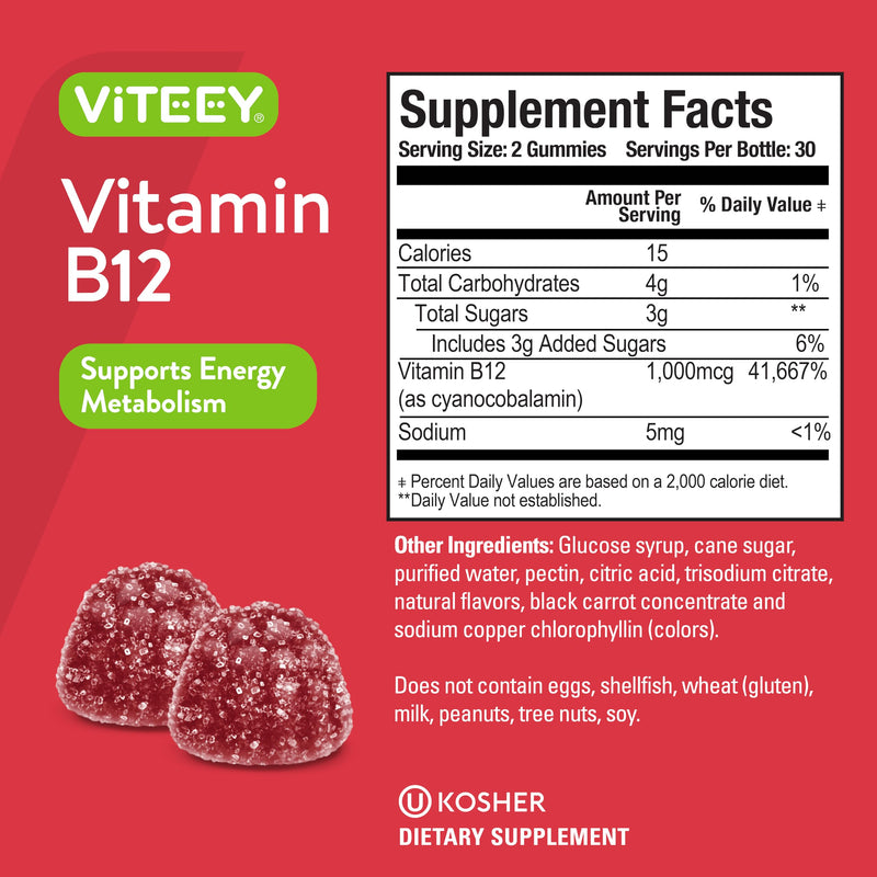 Viteey Vitamin B12 Gummies | Cognitive Support and Energy Gummies - Vegan, Gelatin Free, Gluten Free - Tasty Chewable Raspberry Flavored Gummy - 120 Count 60 Count (Pack of 2)