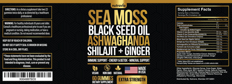 Sea Moss, Black Seed Oil, Ashwagandha, Ginger, Shilajit Gummies with Elderberry, Chlorophyll, Turmeric Bladderwrack Sea Moss Gummies Advanced Strength Formula - All in 1 Bundle - USA Made (60 Gummies)