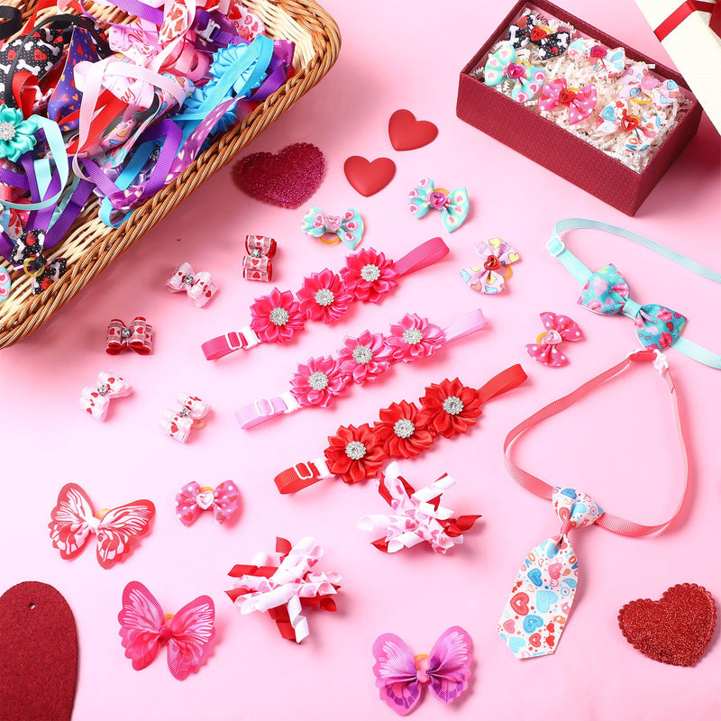 Reginary 70 Pcs Valentine's Day Dog Bow Ties Pet Cat Dog Collars Neckties Set Adjustable Puppy Neck Tie Holiday Flower Heart Butterfly Rhinestone Dog Bows Grooming Accessories for Puppy Cat Supplies - BeesActive Australia