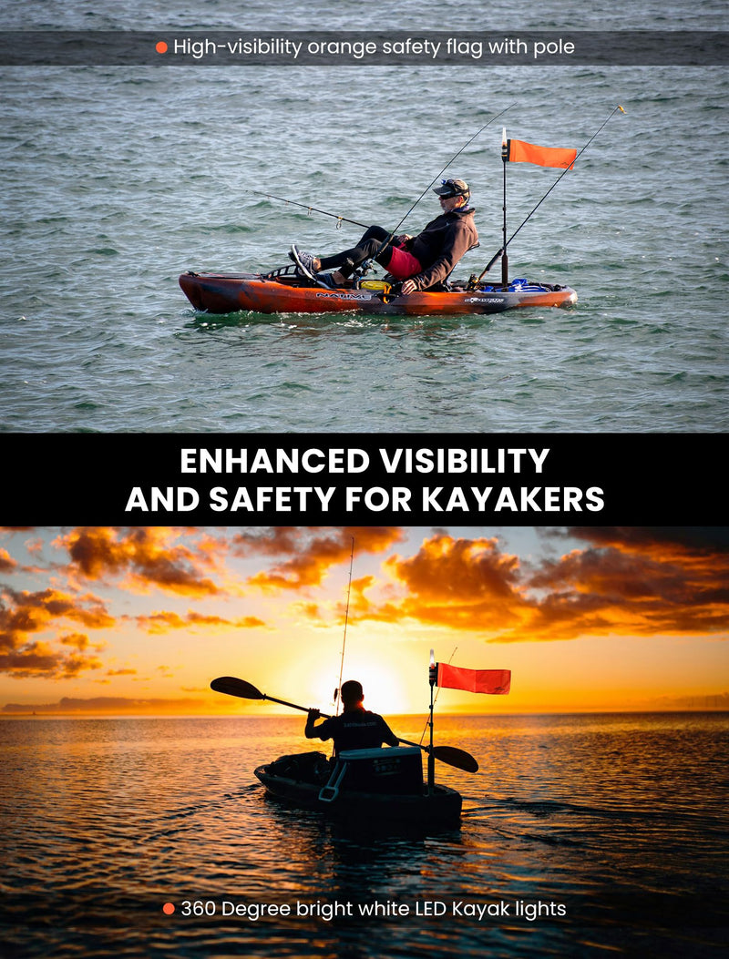 Affordura Kayak Lights with Orange Flag Pole Kit 55.5" Height White LED 360 Light Battery Powered Boat Navigation Lights for Night Kayak Fishing and Paddling, Perfect Kayak Accessories Gadgets