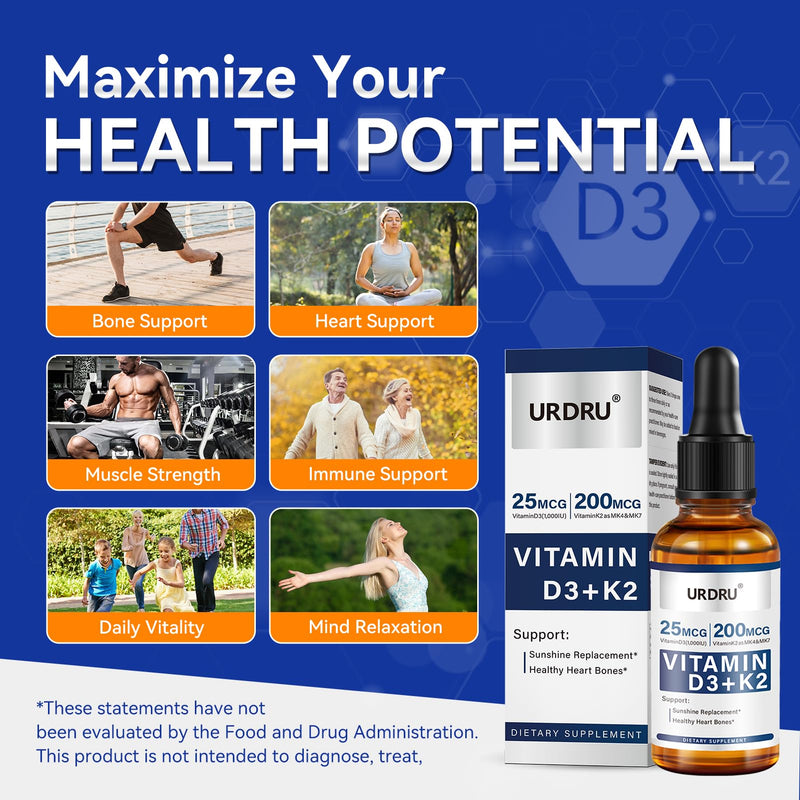 (2 Pack) Vitamin D3 K2 Liquid Drops - 2 Fl Oz Max Absorption 1,000 IU D3 & 200mcg K2 Drops for Immune & Mood, Bone & Teeth Health - 60ml