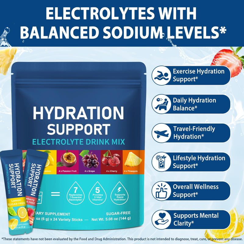 Electrolytes Sachets 24PCS, Electrolytes Powder with Hydration Nutrition, Zero Sugar Hydration Packets with 7 Key Electrolytes & 5 Vital Vitamins for Rapid Hydration, 6 Flavors