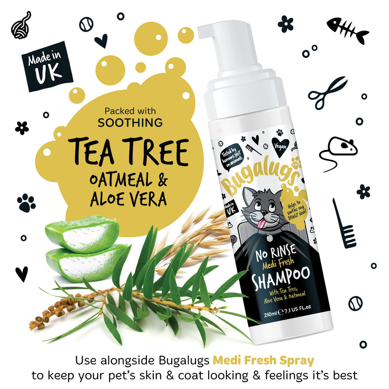 Bugalugs No Rinse Cat Shampoo for itchy skin with Tea Tree & Aloe Vera. Brush through, no rinse shampoo & conditioner for cats and kittens. Foam action grooming dry kitten (No Rinse Shampoo)