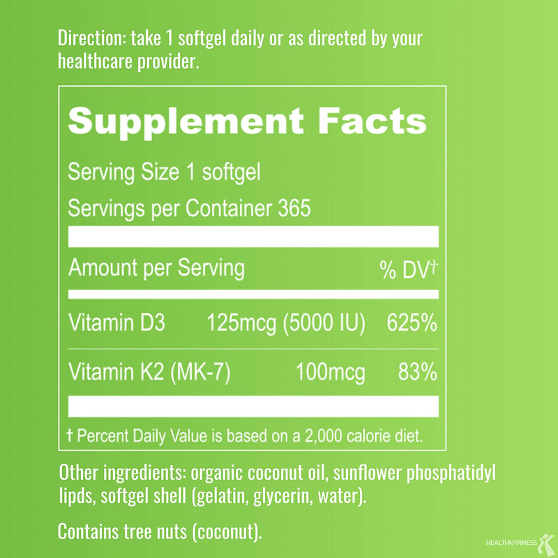 UpNourish Liposomal D3 & K2 MK-7, Advanced Absorption for Optimal Bone and Immune Health, Supplies 5000 IU 125 mcg Vitamin D3 and 100 mcg Vitamin k2 with Organic Coconut Oil, 365 Mini softgels - BeesActive Australia
