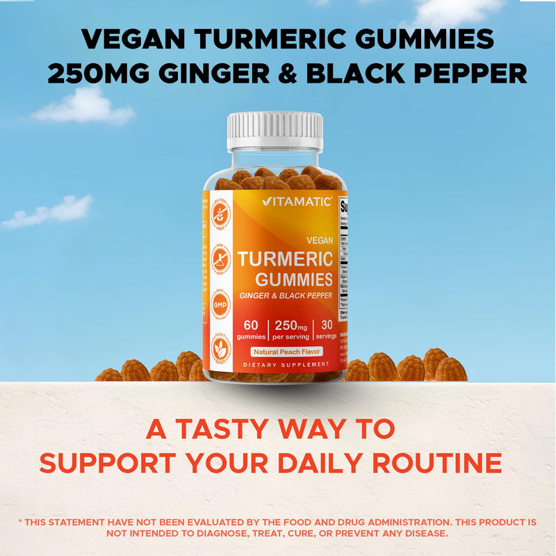 Vitamatic Vegan Turmeric Gummies with Ginger & Black Pepper, 60 Count | 95% Curcuminoids and piperine, Supports Inflammatory & Antioxidant Activity*, Natural Peach Flavor, Gluten Free, Non-GMO