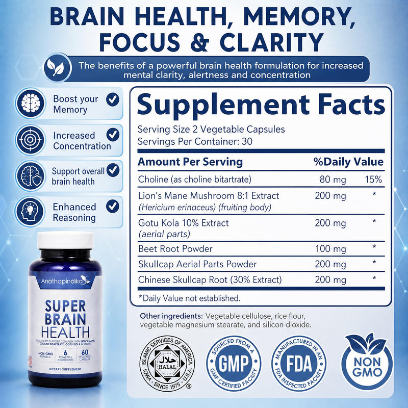 Brain Health Nootropic Supplement Lion's Mane 200mg Gotu Kola 200mg Choline 80mg Beetroots 100mg Skullcap 400mg for Memory Focus Nootropic & Brain Fog