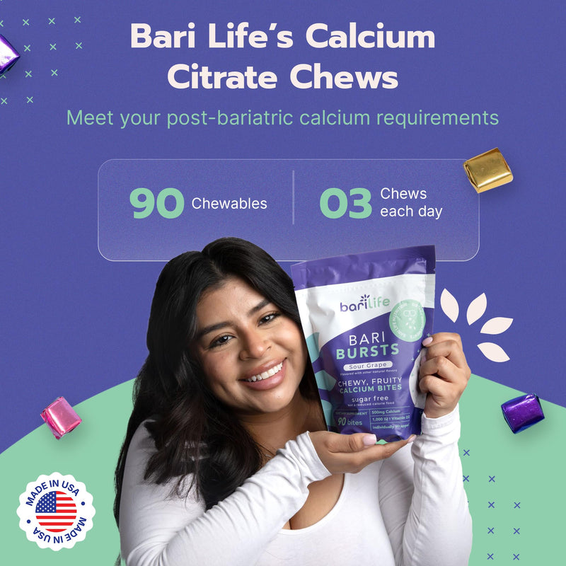 Calcium Citrate Bariatric Calcium Chews with 1000 IU Vitamin D3 - Ideal for Bariatric Patients - BariBurst by Bari Life (Sour Grape) Sour Grape 90 Count (Pack of 1)