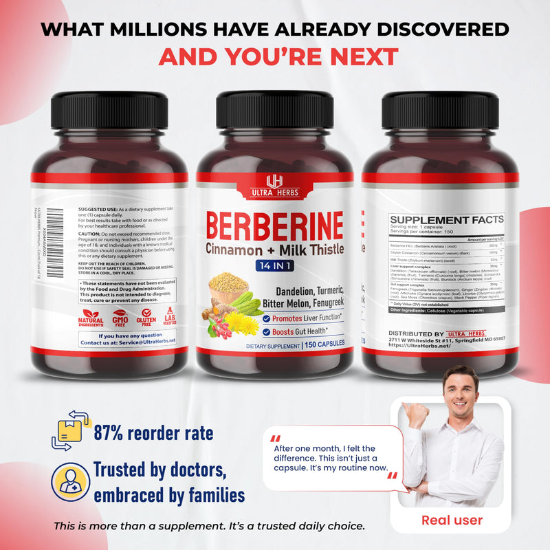 Premium Berberine with Cinnamon, Milk Thistle *USA Made & Test* Promotes Liver Function, Gut Health, Immunity (150 Count (Pack of 1)) 5-Month Supply (Pack of 1)