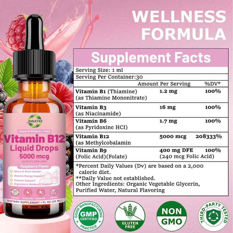 2Pack Liquid Vitamin B12 Drops 5000 mcg Extra Strength B12 Methylcobalamin | with B1 B6 B3 Folate Niacin -Fast Absorption Sublingual B-12 Drops for Energy Metabolism & Brain Function, Vegan B Complex Raspberry 1 Fl Oz (Pack of 2)