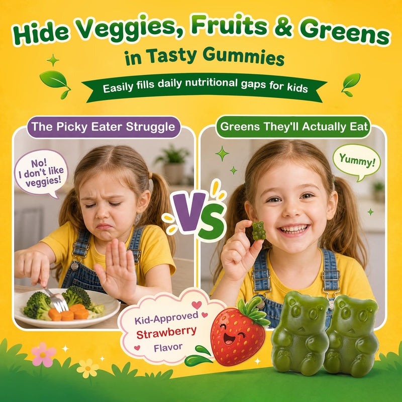 Greens Daily Gummies for Kids, Sugar Free Super Greens Gummies Kids Superfood Multivitamin Gummies with Fruits, Veggies, Alfalfa, Spirulina, Adaptogens, Prebiotic Fiber for Digestive Health, 90 Count