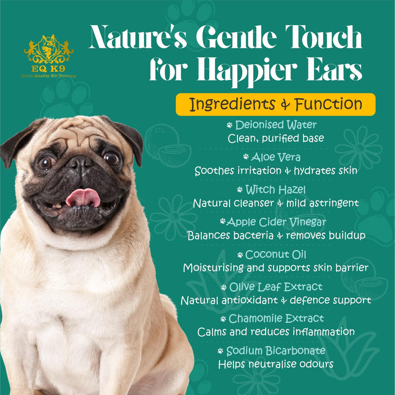 EQ K9 Dog Ear Drops – Natural Ear Cleaner for Dogs, Soothes Itchy Ears, Removes Wax & Odour, Gentle Non-Sting Formula with Aloe Vera, Witch Hazel & Coconut Oil – 100ml