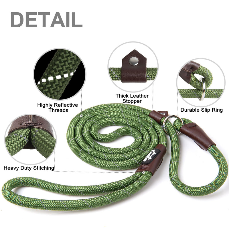 TwoEar Dog Leash Dog Slip Rope Leash 1/2" x 6FT Dog Training Leash Heavy Duty Strong Slip Lead Highly Reflective Threads for Small Medium and Large Dogs(Green) Large(1/2''x6ft) Green - BeesActive Australia