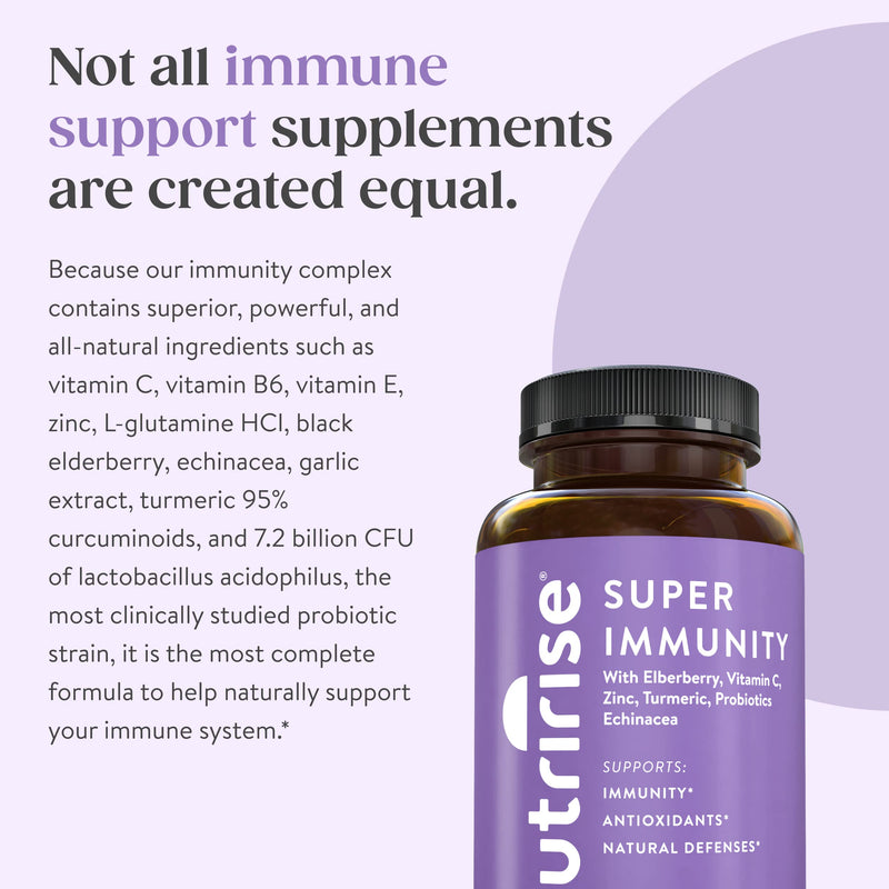 NutriRise Immunity Complex Immune Support Supplement with Vitamin C, E, B6, Zinc, Turmeric Curcumin, Elderberry, Echinacea, 7.2 Billion CFU Probiotics for Gut Health, 90 Count (Pack of 2) 1 Count (Pack of 180)