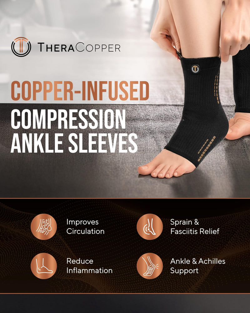 TheraCopper Copper Ankle Brace (2 Pack) — Compression Ankles Brace for Men & Women — Infused Copper Ankle Sleeve Compression Support for Pain Relief, Swelling, Sprains, Achilles Recovery & Sports (Medium) Medium