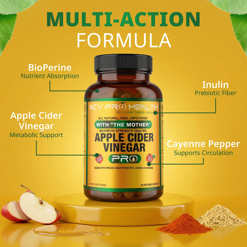 Promethean Wellness ACV Pro Apple Cider Vinegar Capsules Organic with Mother ACV Pills Detox Cleanse Acid Reflux Relief Support Supplement Ginger Root Cayenne Pepper Powder (90 Count) 90 Count (Pack of 1)