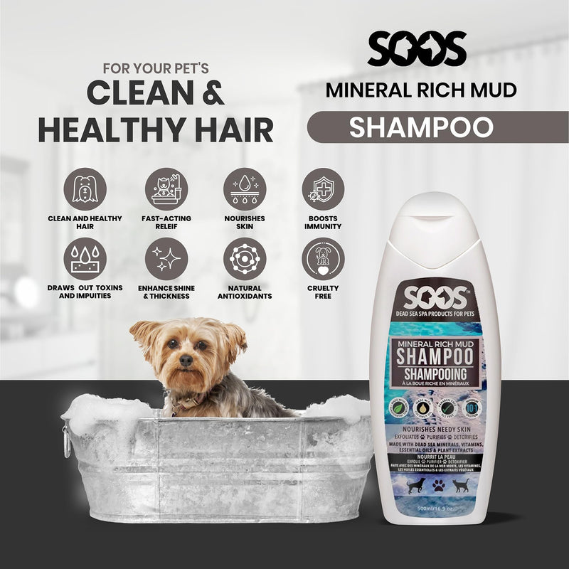 Soos Pet Dog Shampoo for Cats and Pets Mineral Rich Mud Natural Dead Sea Cruelty Free Fast Absorbing Skin Cooling First Aid Antib-acterial and Antif-ungal Odor Remover - 1x Pet Shampoo (500ml) - PawsPlanet Australia