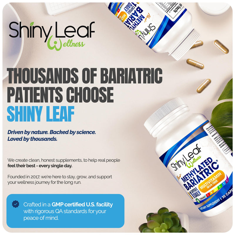 Shiny Leaf Bariatric Multivitamin Without Iron, Methylated B12, 30 Count | Iron-free, methylated folate and B12, plus A, C, D, K. Vegetarian, soy-free 30 Count (Pack of 1)