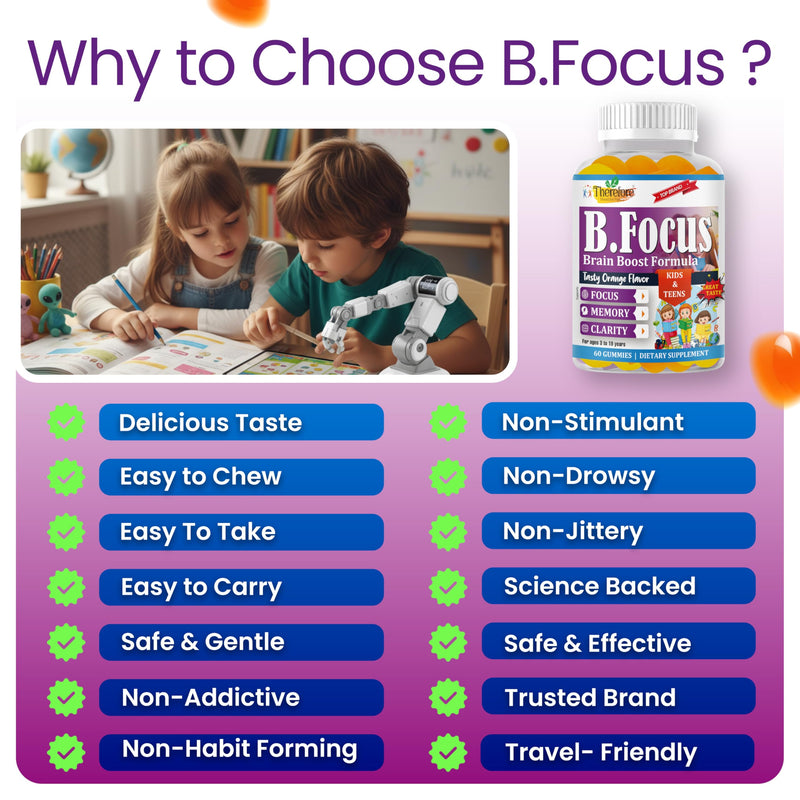 B.Focus Omega 3 for Kids & Teens, DHA Gummies, Kids Attention and Focus Supplement, Memory and Concentration Support, Children Gummies, Orange Flavor, 60 Count