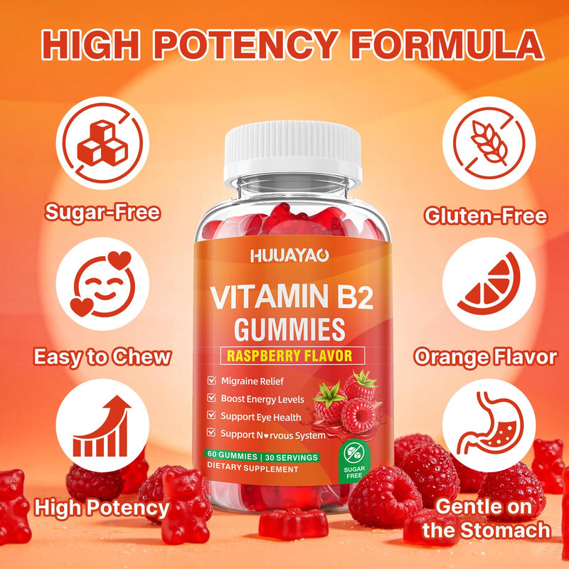 Vitamin B2 Gummies, Riboflavin Supplement with Magnesium for Kids & Adults, B2 Gummies for Migraine Relief & Nervous System Support, Vegan, Sugar-Free, Raspberry Flavor, 120 Count 120 Count (Pack of 1)