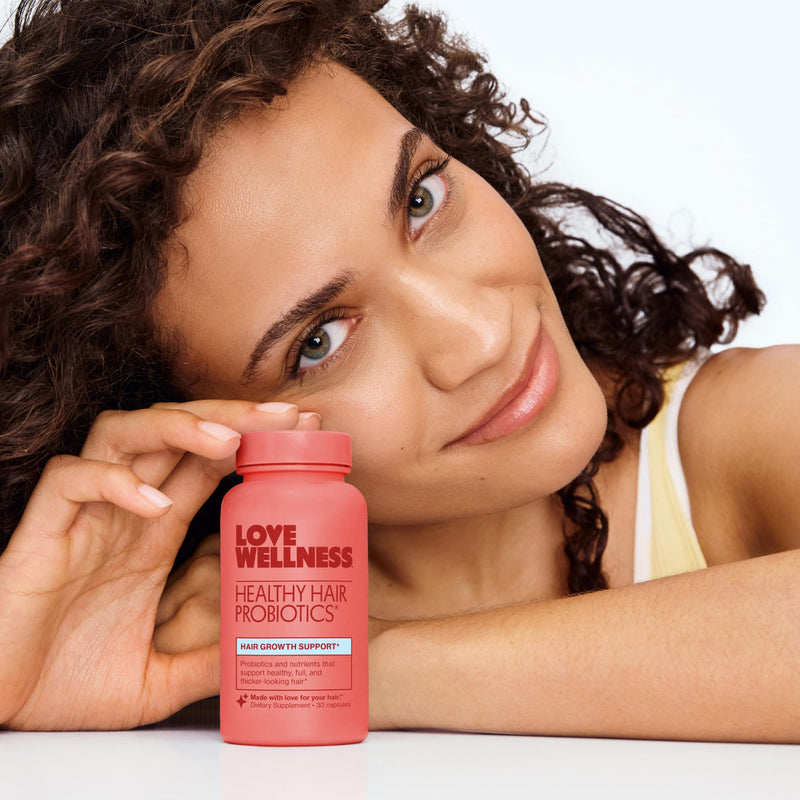 Love Wellness Healthy Hair Probiotics | Biotin, Vitamin B12 & B6 | 30 Ct | Contains healthy hair blend, AnaGain™ Nu, probiotic blend, hyaluronic acid, Non-GMO, gluten-free, Sugar-free, 1 cap daily