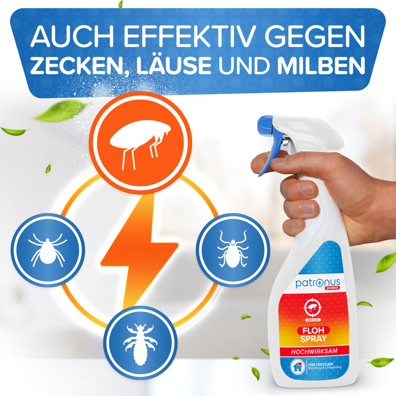 Patronus flea spray for homes and surroundings 500ml - TEST WINNER - repellent against fleas with immediate protection - with a subtle eucalyptus/citrus scent - highly effective & laboratory tested - BeesActive Australia