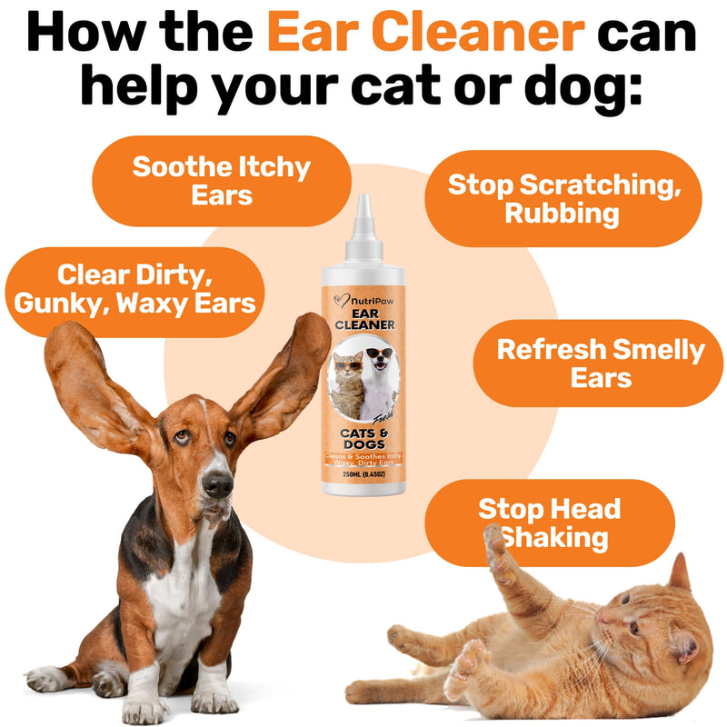 NutriPaw Ear Cleaner For Cats & Dogs (250ml) - Soothe Itchy, Gunky, Waxy & Smelly Ears - Stop Head Shaking, Ear Scratching & Rubbing - Support Ear Health - For Daily Use - Great for all pets