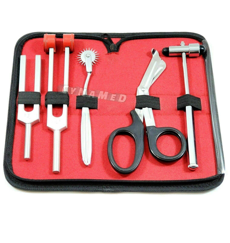 5 Piece Student Diagnostic Kit - Reflex Neurological Buck Hammer And Tuning Fork Set C 128 And C 512. Includes Wartenberg Pinwheel, Premium Steel Bandage Scissor 7.5” Black