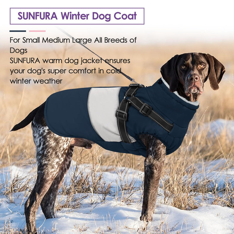 SUNFURA Dog Winter Coat, Waterproof Dog Jacket Dog Coat with Harness for Medium Dogs Boys Girls, Reflective Fleece Lined Dog Snow Jacket Pet Sweaters for Pug, Jack Russel, Boston Terrier, Blue M Navy Blue - BeesActive Australia