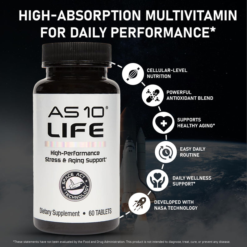 AS 10 Life, 60 Ct - Daily A-Z Stress and Immune Support Supplement | The premium NASA codeveloped anti-aging formula with Resveratrol, Alpha Lipoic Acid, Astaxanthin, and BioRelease technology
