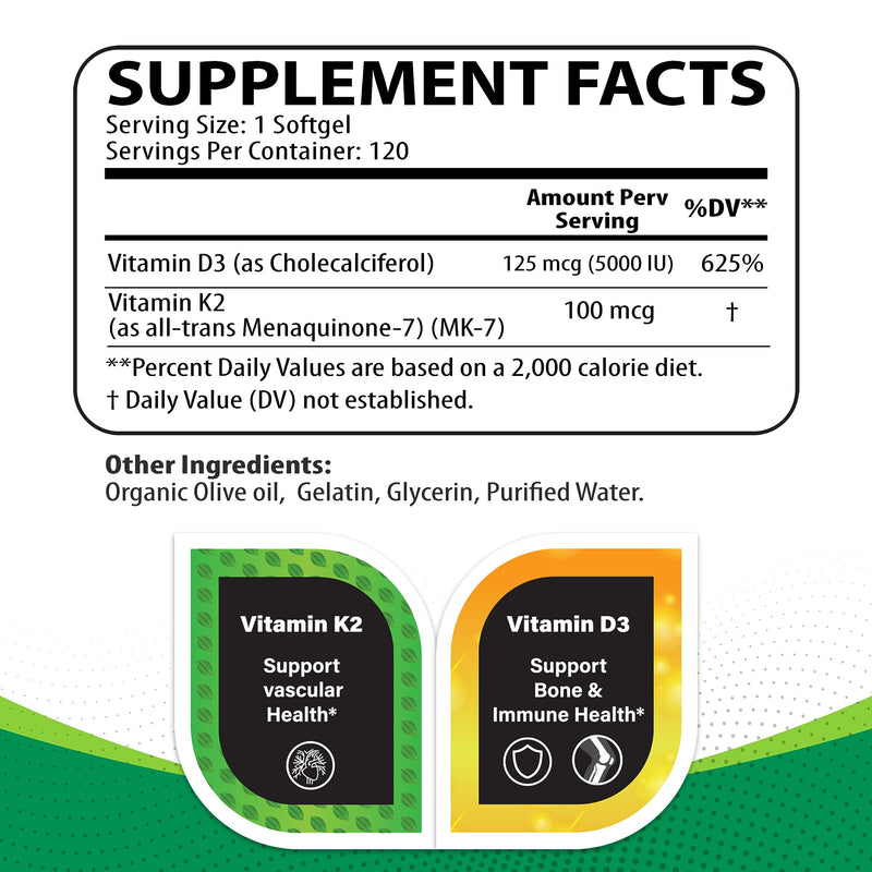 Vitamin K2 + D3 (120 Softgels) - Vitamin D3 K2 Supplement - Supports Cardiovascular & Bone Health - Non-GMO - Allergen-Free - 120 Softgels - BeesActive Australia