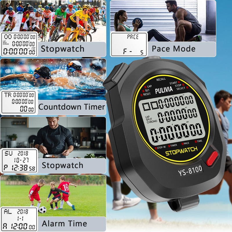 Sports Stopwatch Timer 100 Lap Split Memory Digital Stop Watch, Countdown Timer Pace Mode 12/24 Hour Clock Calendar with Alarm, 3 Rows Display Large Screen Water Resistant Battery Included