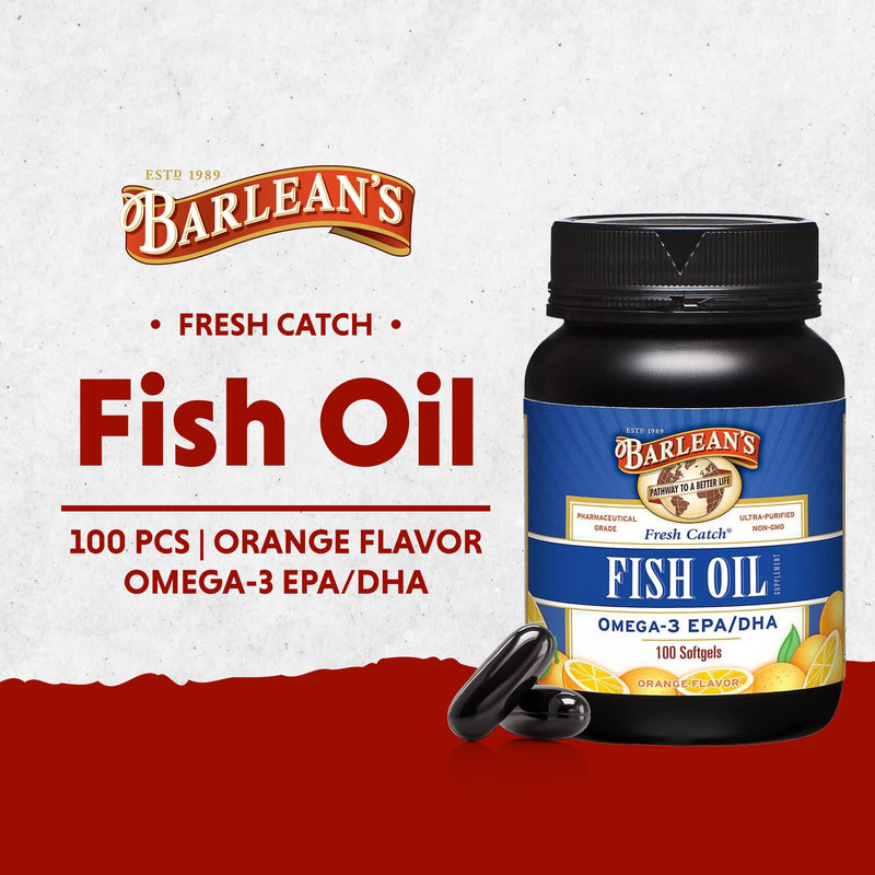 Barlean's Orange Omega-3 Fish Oil Softgels, 600mg EPA & DHA, 100ct | Wild-caught fish oil, EPA DHA omega-3, Burpless softgels, Non-GMO, Gluten-free, For men & women, Heart & brain support 100 Count (Pack of 1)