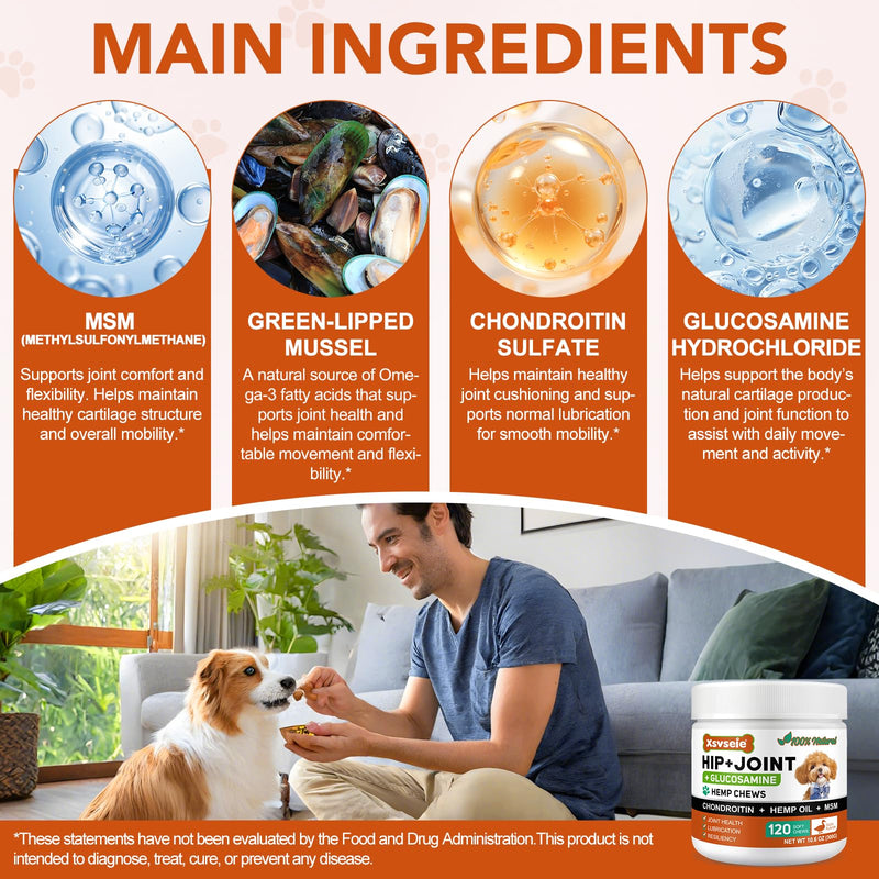 Joint Supplements for Dogs, Dog Joint Supplements for Senior Dogs, Hip and Joint Supplement for Dogs, 120 Soft Chews with Glucosamine, Chondroitin & MSM, Mobility & Cartilage Care, Adult, Duck Flavour