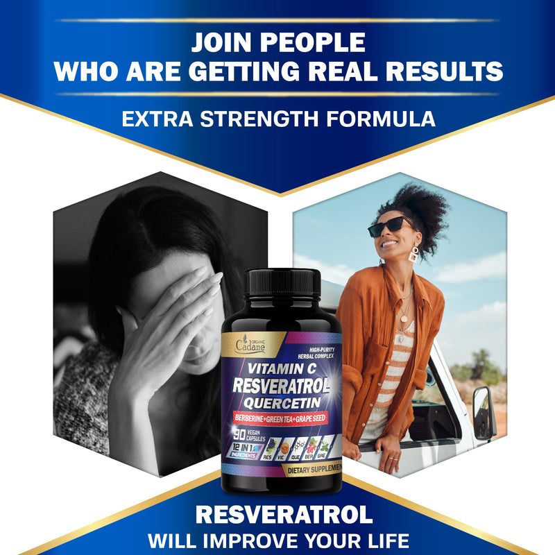 Organic Cadane Resveratrol Supplement - 12in1 Blended with VIT.C, Quercetin, Berberine, Turmeric, Green Tea & More - 90 Capsules 3 Month