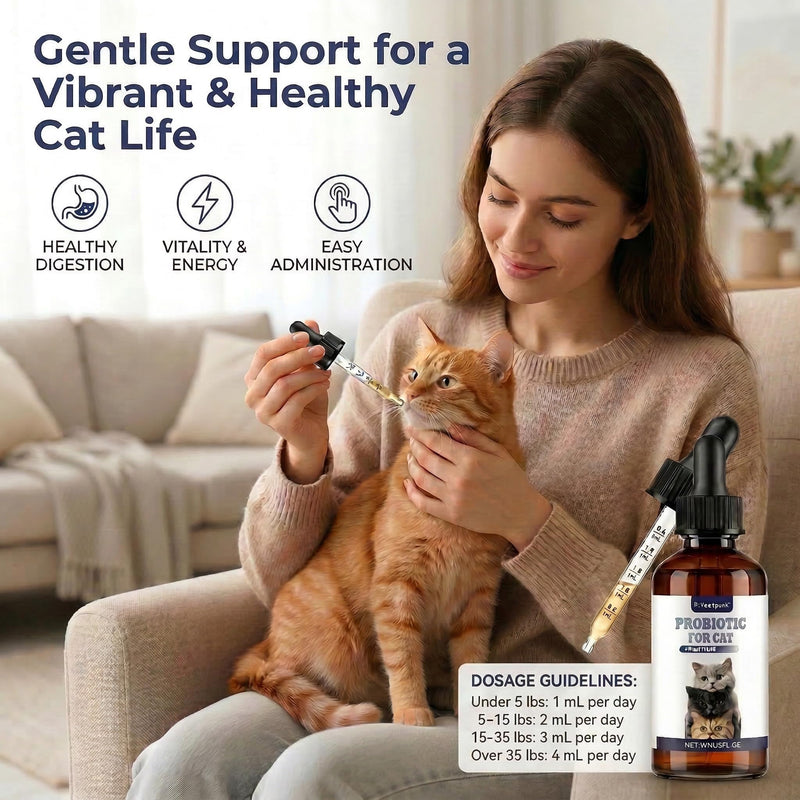 Cat Probiotics for Digestive Support - Liquid Probiotics for Cats with Digestive Enzymes & Natural Extracts Supports Sensitive Stomach - Easy-to-Use Drops 2oz (60ml)