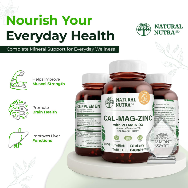 Natural Nutra Calcium Magnesium Zinc (Cal-Mag Zinc) with Vitamin D3,100 | Bone, Teeth, Muscle & Nerve Support, Gluten Free, Sugar Free 100 Count (Pack of 1)