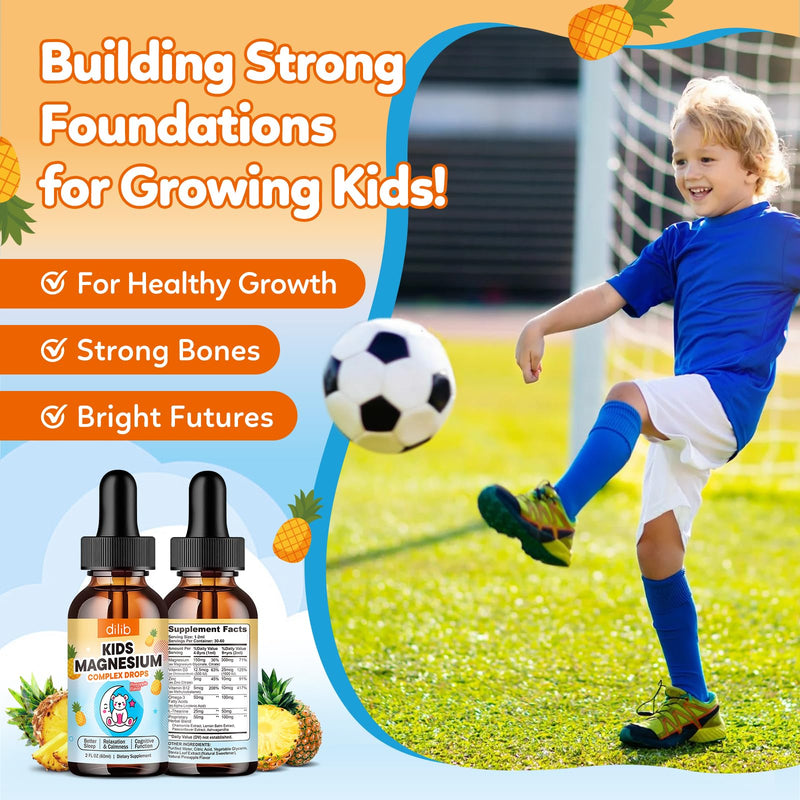 Kids Magnesium Liquid Drops - Liquid Magnesium Glycinate for Kids, Citrate Supplement with L-theanine, Omega-3, Vitamin B12, D3 for Sleep, Calm, Relaxation, Brain, Bones, Pineapple 2 Fl Oz 2 Fl Oz (Pack of 1)
